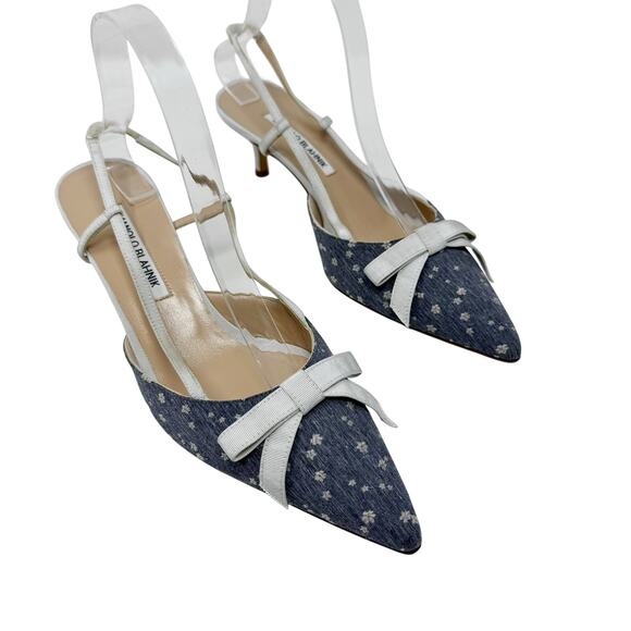 Manolo Blahnik Floral Bow Slingback Heels EU 40 Blue Grosgrain Trim Vintage - Picture 1 of 8